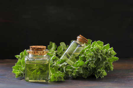 A bottle of thyme essential oil with fresh thyme leaves