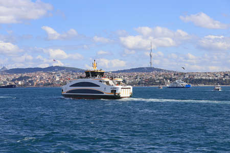Istanbul - Turkey 04 October 2021 : Ferry sails in Bosphorus in Istanbul. Nearly 150,000 passengers...