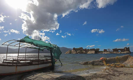 Boat and Ruins on Lake Bafa, Turkey
