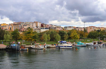 Istanbul, Turkey - September 29, 2021 : HaskÃ¶y beach view from the sea in Istanbul , moored boats in the sea.のeditorial素材