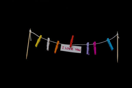 I love you black background. "I love you". heart and note with the words "I Love You".の写真素材