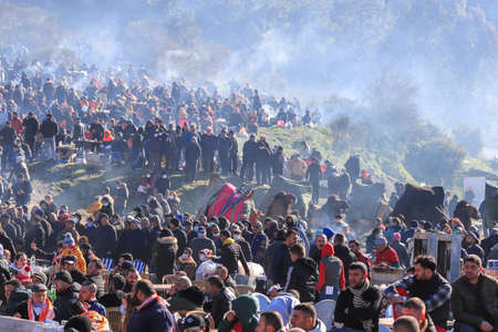 Selcuk - Izmir -Turkey Camel wrestling held on January 16, 2022, people coming for wrestling footage. Camel wrestling is a popular attraction in the Aegean region of Turkey.のeditorial素材