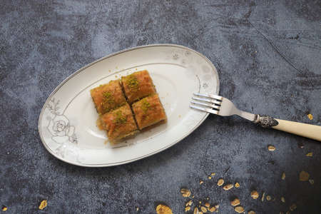 Traditional Turkish baklava with pistachio (Turkish name; baklava with pistachio)