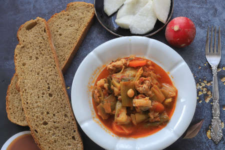 Leek dish made with meat, chickpeas, carrots. Turkish style leek dish.の写真素材