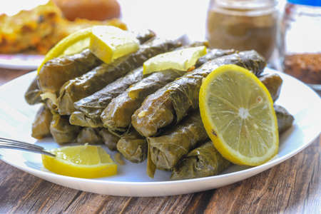 Delicious stuffed grape leaves rice, white yogurt sauce. Lebanese stuffed wrap on plate. Lebanon...