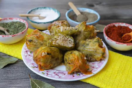 Traditional delicious Turkish - Greek cuisine, Turkish food; Stuffed zucchini flowers (Turkish name;...