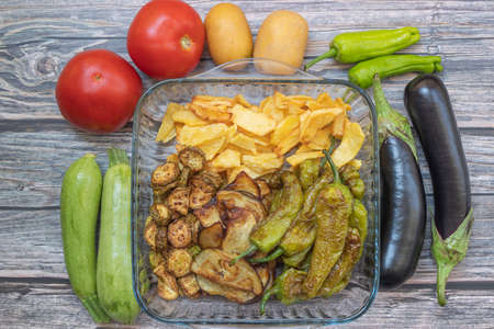 Traditional delicious Turkish food, fried mixed vegetables (potatoes, eggplant, zucchini, roasted peppers), Turkish name; mixed fried vegetablesの写真素材