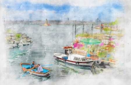 Boats on the sea and Istanbul skyline and Maiden's Tower in the background; watercolor sketch workの写真素材