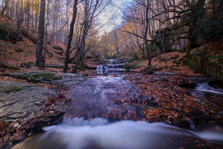 Waterfall view in autumn. The autumn colors surrounding the waterfall offer a visual feast. colorful...