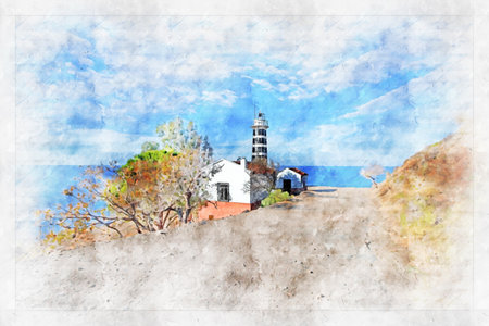 Sarpincik Lighthouse, Karaburun, Izmir, in Turkey ; Watercolor artistic work.の写真素材