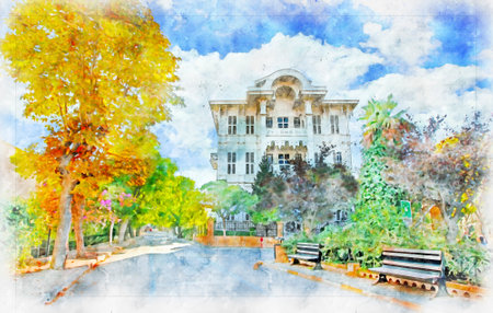 BÃ¼yÃ¼kada, one of the biggest and most beautiful islands of Istanbul, is a watercolor artistic work.の写真素材