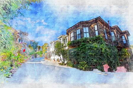 Henna Island, one of the most beautiful islands of Istanbul. Watercolor artistic work.の写真素材