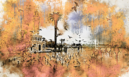 Historical old clock tower watercolor drawing. Izmir -Konak - Turkeyの写真素材