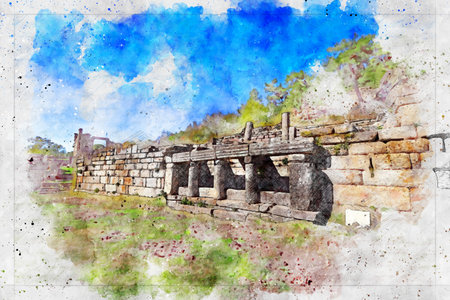 Labranda - Milas - MuÄla - Turkey , Labranda Ancient City , watercolor artistic work .の写真素材