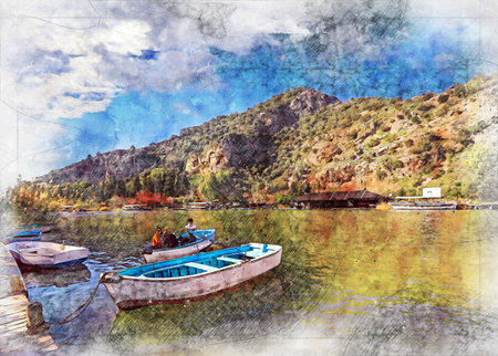 The rock-cut temple tombs of the ancient city of Kaunos in Dalyan district of MuÄla. Beautiful view of Dalyan river with reeds, excursion boats and carved tombs in the background.の写真素材