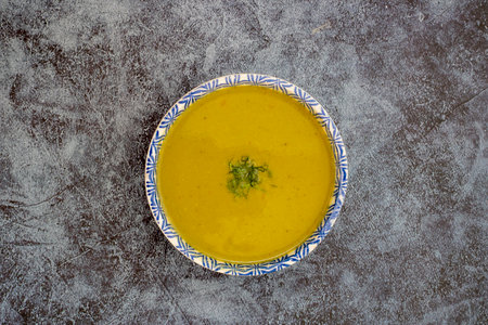 Diet detox food concept. Healthy broccoli soup in bowl . Top view, flat layの写真素材