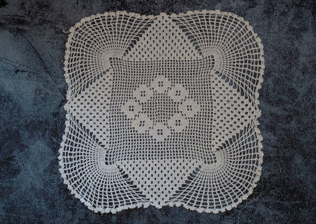 Handcrafted lace coffee table cover. Vintage knit lace coffee table cover in warm white or beige....