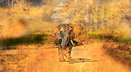 African Elephant walking on dirt road in Kenya National Park, watercolor artistic work.の写真素材