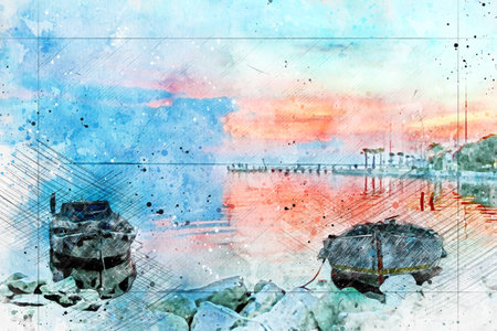 Karsiyaka - Izmir Fishing boat in the sea in the fishermen's shelter , watercolor artistic work .の写真素材