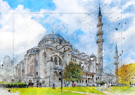 Beautiful view of the magnificent historical Suleymaniye Mosque on a cloudy day. Istanbul is...