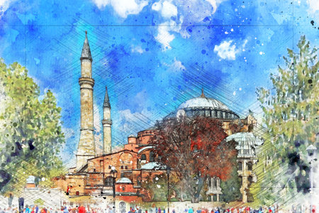 View of Hagia Sophia mosque in Sultanahmet Square , watercolor sketch work .の写真素材