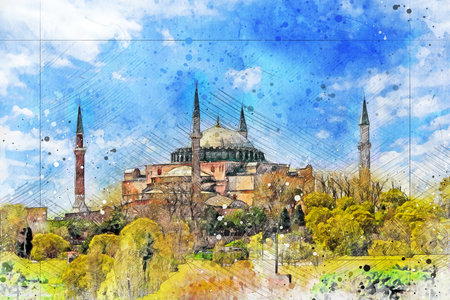 View of Hagia Sophia mosque from the sea , watercolor sketch work .の写真素材