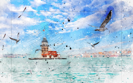The Maiden's Tower in Istanbul ; watercolor sketch workの写真素材