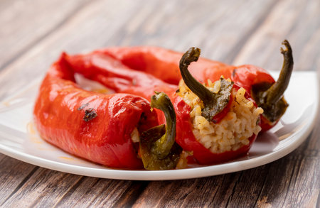 Traditional Turkish food; Stuffed Red Pepper (Turkish name; stuffed pepper)の写真素材