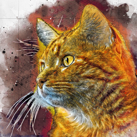 Cute cat in yellow color. watercolorの写真素材