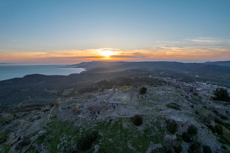The Temple of Athena ruin in Assos Ancient City. Panoramic view Drone shots. Canakkale, Turkey.
