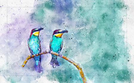 bee-eaters sitting on a branch, birds of paradise, rainbow colors, close-up ; Watercolor sketchwork.