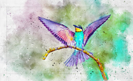 bee-eaters sitting on a branch, birds of paradise, rainbow colors, close-up ; Watercolor sketchwork.