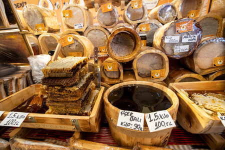Turkey - Artvin January 10, 2021 ; Natural Karakovan flower honeys from the Black Sea region in the market.のeditorial素材