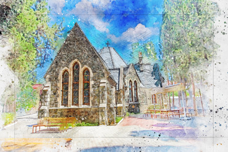 Turkey - Izmir 14 August 2021 Protestant Baptist church located in Buca district.Watercolor artistic work.の写真素材