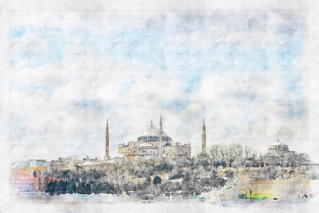 Istanbul - TÃ¼rkiye 25. February .2021 Hagia Sophia mosque.Byzantine emperor Justinian. After the conquest of Istanbul in 1453, it was converted into a mosque by Fatih Sultan Mehmet. Watercolor artistic work.の写真素材
