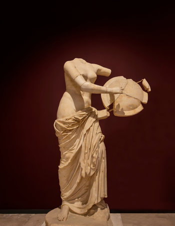 October 24, 2023, Antalya: Shield-bearing Aphrodite (Venus) statue in the gallery hall of Antalya...