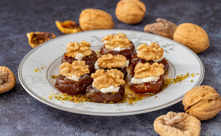 Traditional stuffed dried fig dessert with walnuts and cream, cooked with syrup (Turkish name: fig dessert with cream) âの写真素材