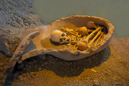 October 24, 2023, Antalya: The bones of corpses cremated during the Roman period were placed in earthen jars in the gallery hall of the Antalya Archaeological Museum.âのeditorial素材