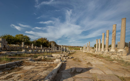 Scenic ruins of the nymphaeum (nymphaion) in Perge (Perga) at Antalya Province, Turkey. Awesome view of the ancient Greek city. Perge is a popular tourist destination in Turkey.の写真素材
