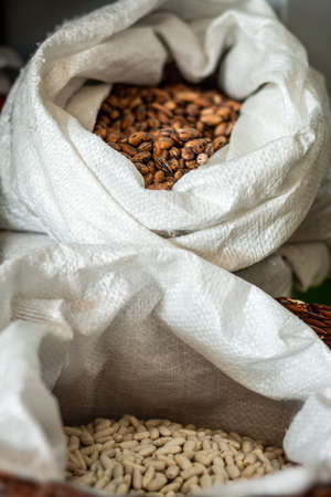 Beans in big bags inside the store.の写真素材