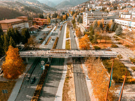 Overview of the main road in the city of Smolyan in Bulgaria.の写真素材