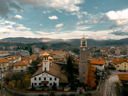Drone landscape over a golden church in Bulgaria.
