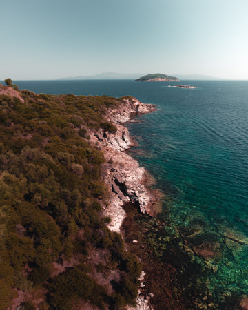 Aerial view of beautiful seascape with turquoise sea and mountains in Greeceの写真素材