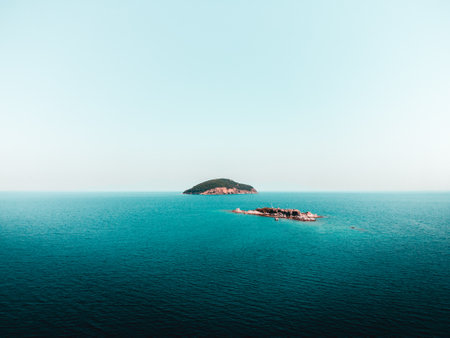 Aerial view of a small island in the middle of the sea, Greece.の写真素材