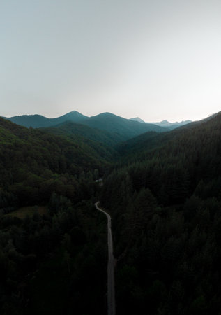 Aerial view of a mountain road in the Pirin Mountains, Bulgaria.