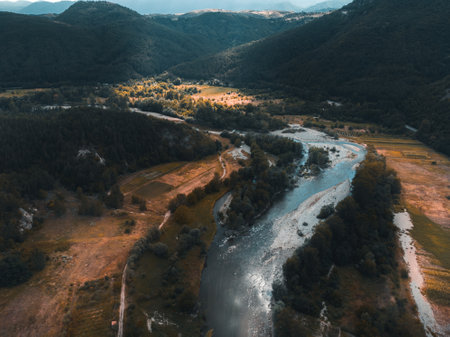 Aerial view of the mountain river in autumn. Beautiful nature landscapeの写真素材
