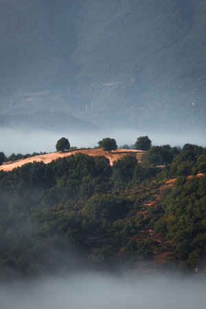 Landscape of foggy mountain valley in the morning at sunrise.