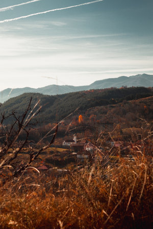 Church with an autumn forest in the back.の写真素材