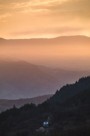 Sunrise over the mountains in Breznitsa, Bulgaria.