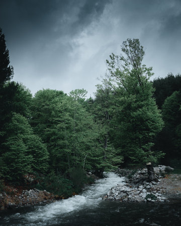 Beautiful river in the forest with dark moody sky.の写真素材